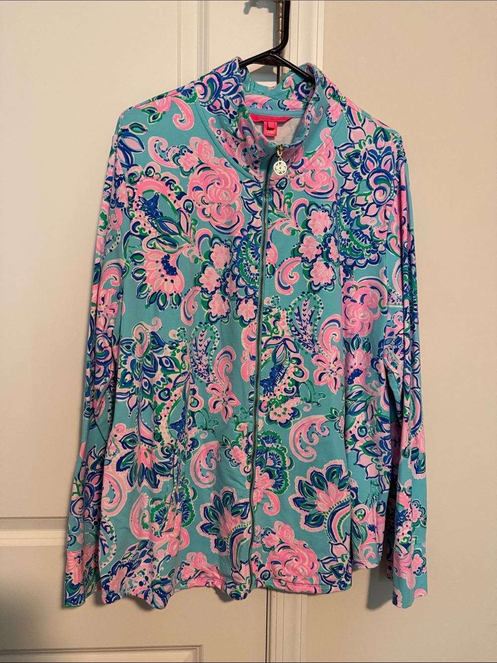 Lilly Pulitzer Aqua Floral Paisley Zip-Up Leona with Pink & Navy